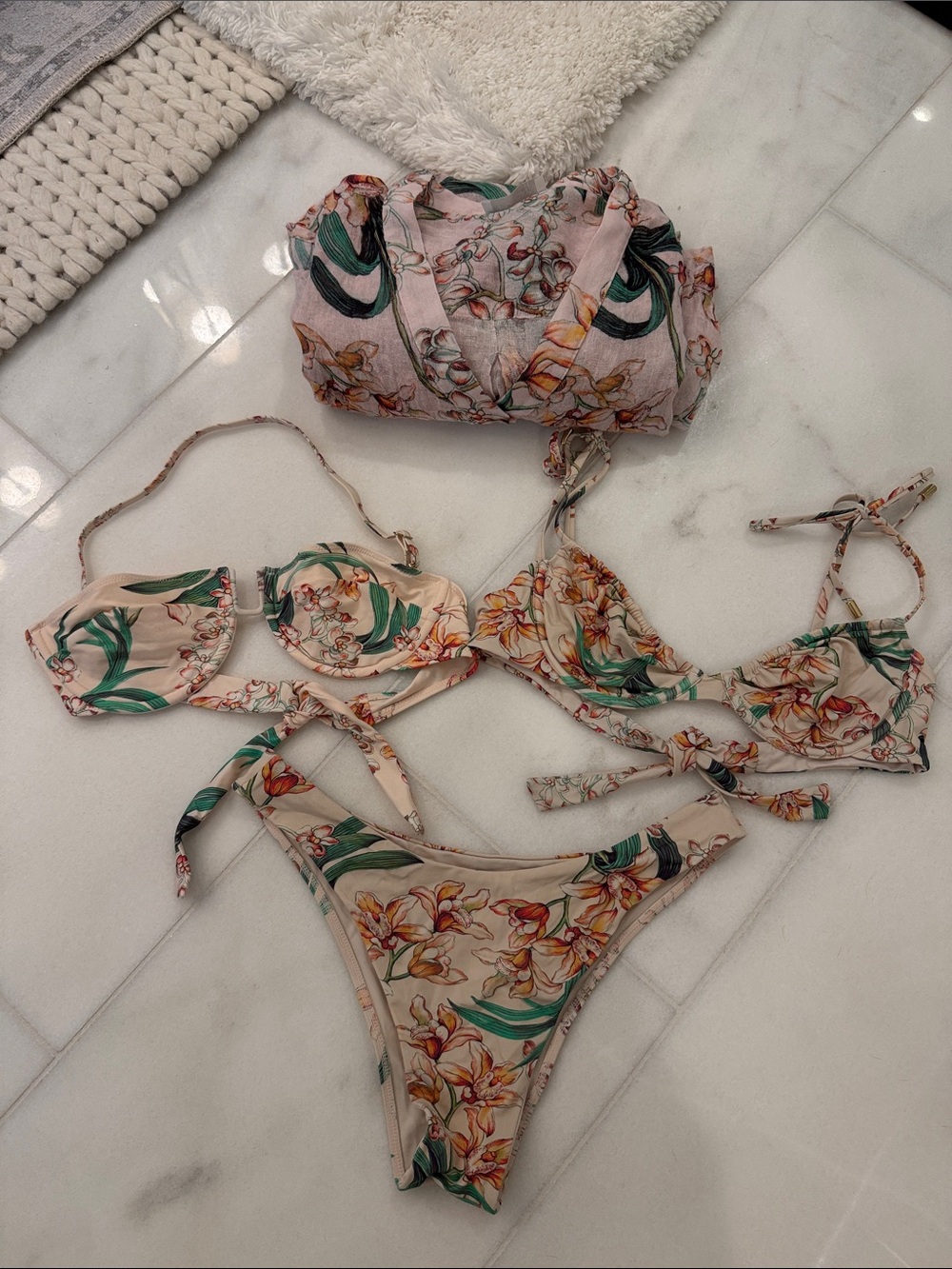 Monday Swimwear Floral bikini set bottoms large (2) tops small; shirt not includ